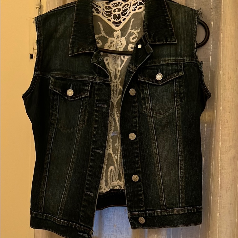 Navy Denim Vest with Lace Back